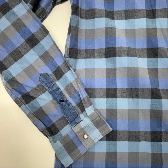 Morse Code Men’s Button Down Plaid Denim Shoulder Patch Long Sleeve Shirt Size L - Picture 8 of 8